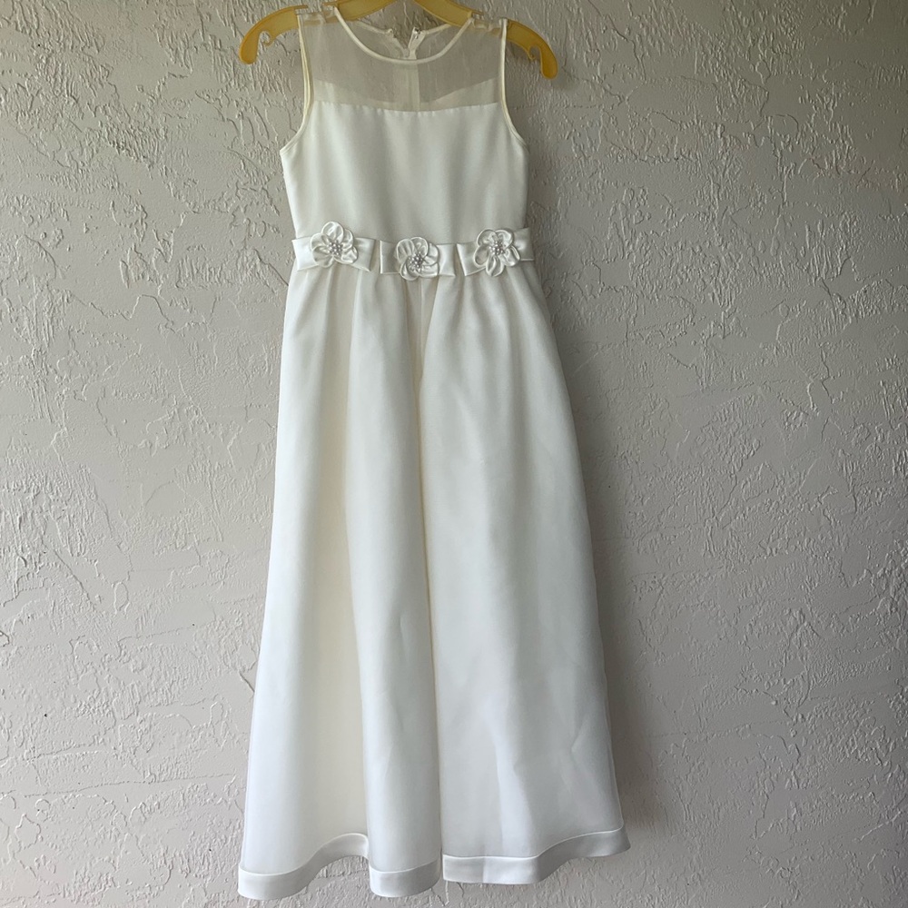 Girls White Floral Waist Sleeveless Formal Junior Bridesmaid Dress